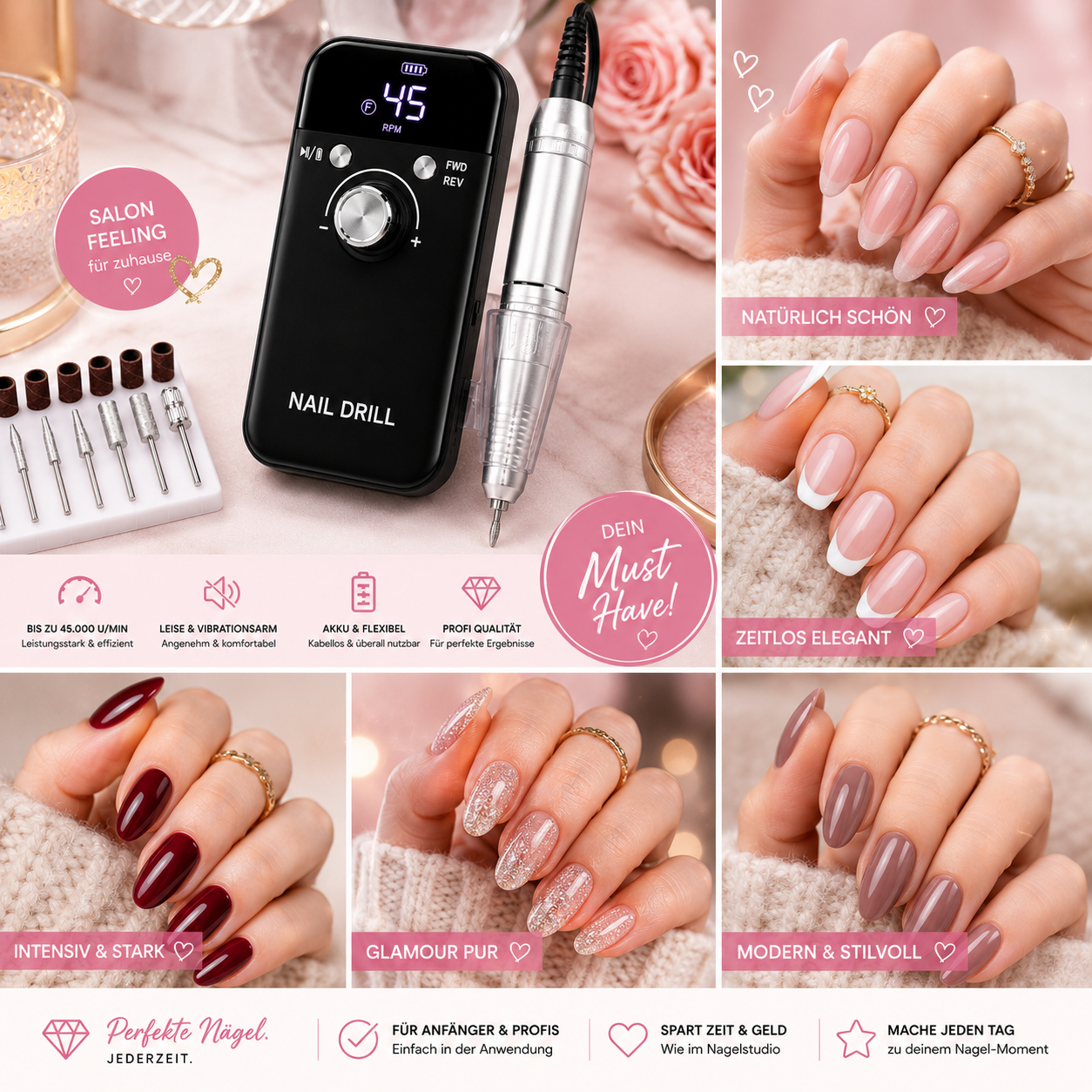 NailME Fix - professionelles Nagel Maniküre-Set mit 45000 U/min