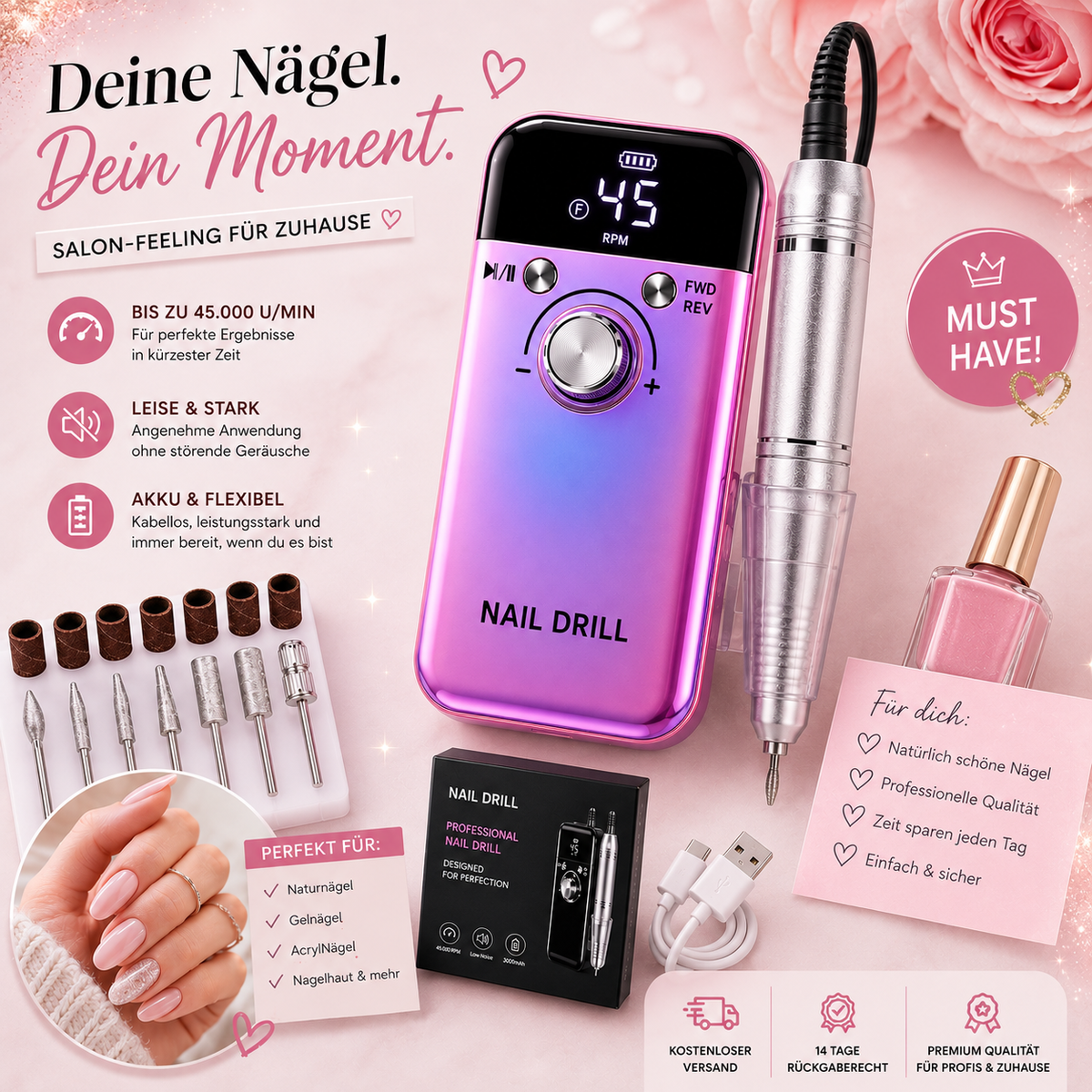 NailME Fix - professionelles Nagel Maniküre-Set mit 45000 U/min